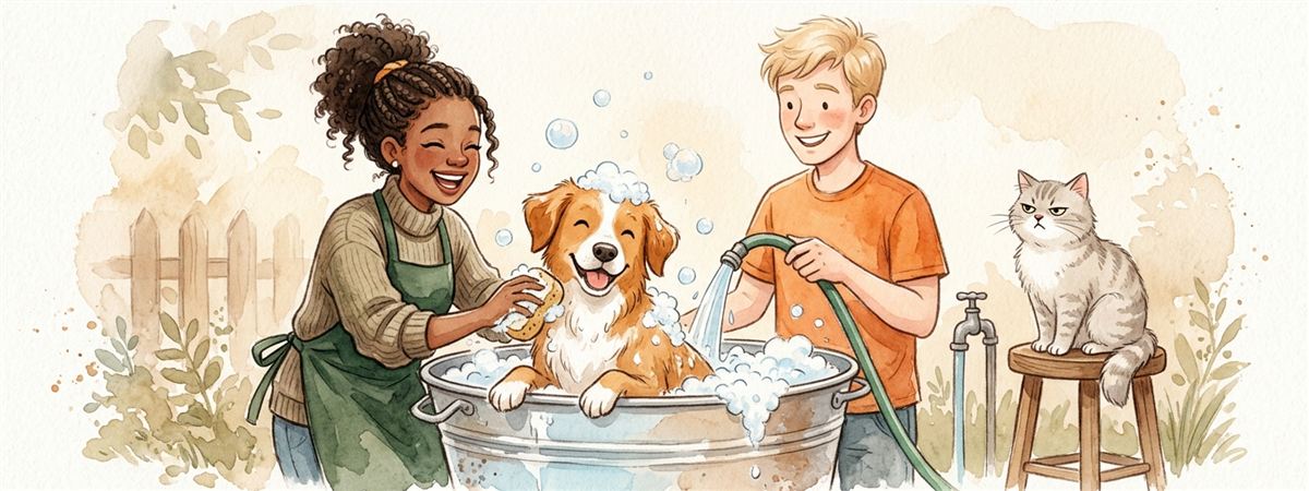 Voluntários dando banho num cão numa bacia cheia de espuma, com um gato olhando de um banquinho