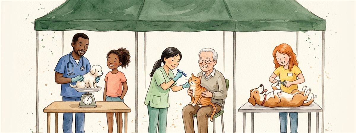 Tenda com três mesas de atendimento veterinário para cães e gatos