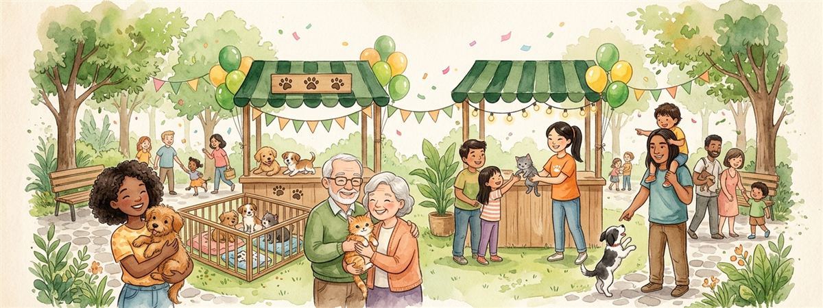 Feira de adoção na praça, com barracas, balões e famílias conhecendo cães e gatos