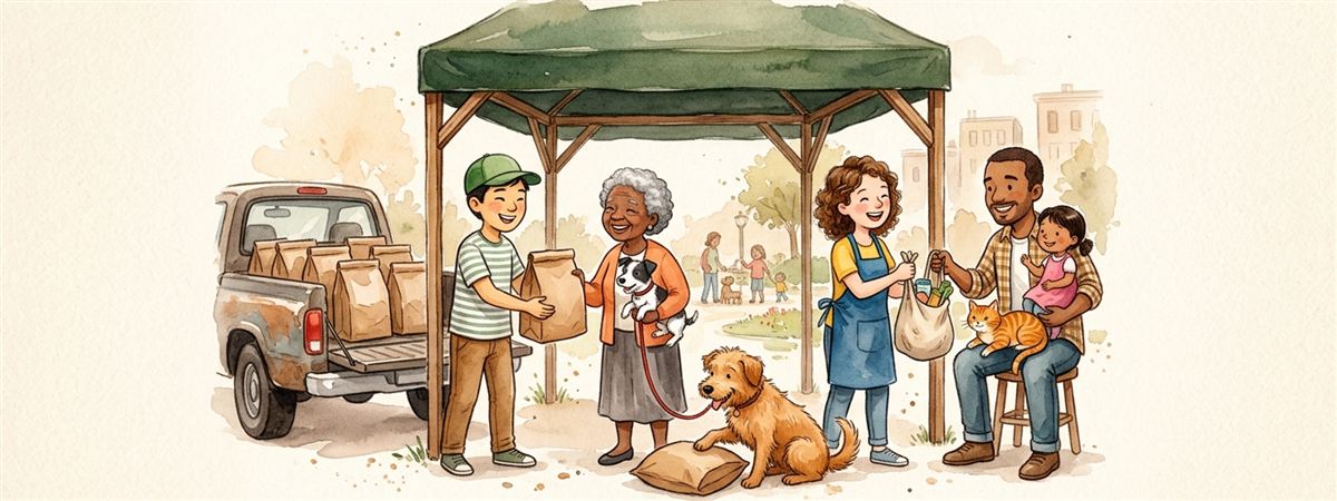 Voluntários entregando sacos de ração para famílias numa tenda