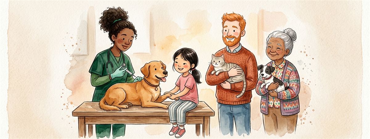 Veterinária vacinando um cão na mesa, com uma família esperando com o gato e o filhote no colo