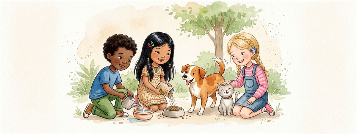 Três crianças servindo água e ração para um cão e um gato