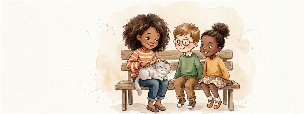 Três crianças num banco, uma delas escovando um gato no colo