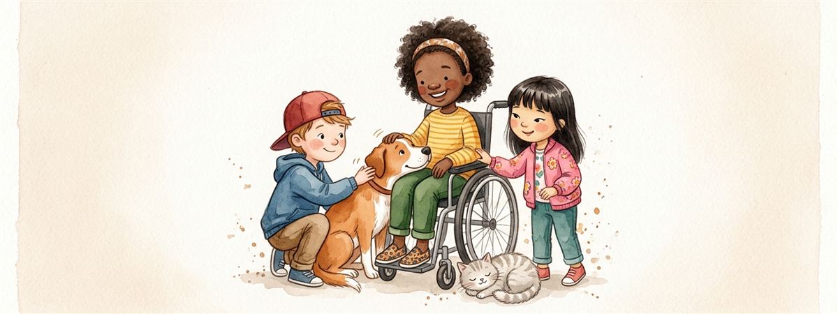 Uma menina em cadeira de rodas com dois amigos, um cão e um gato