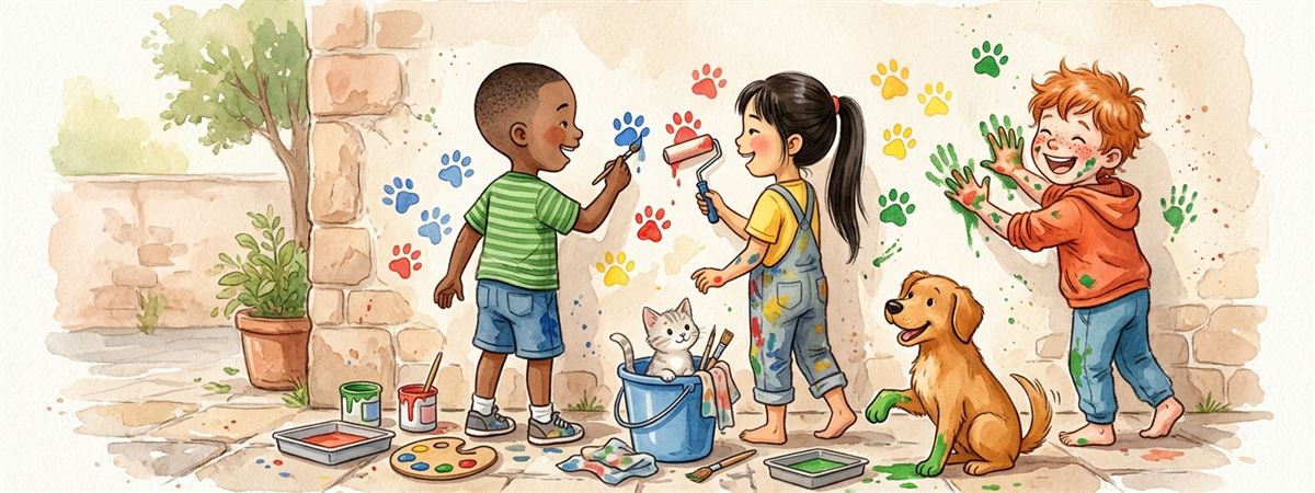 Crianças pintando patinhas coloridas no muro da escola, com um cão e um gato