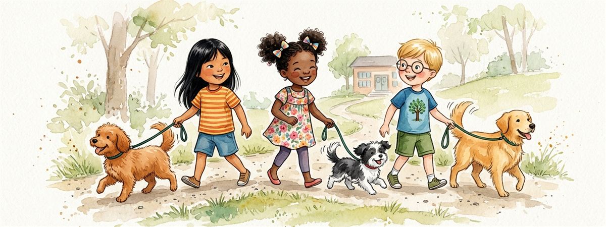 Três crianças passeando com cães na coleira