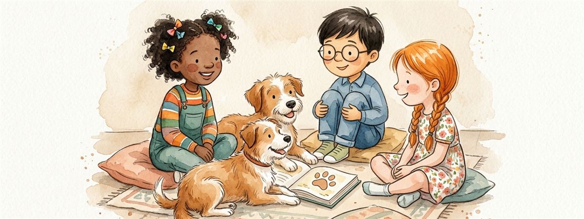 Crianças sentadas em almofadas, numa roda de leitura com dois cães